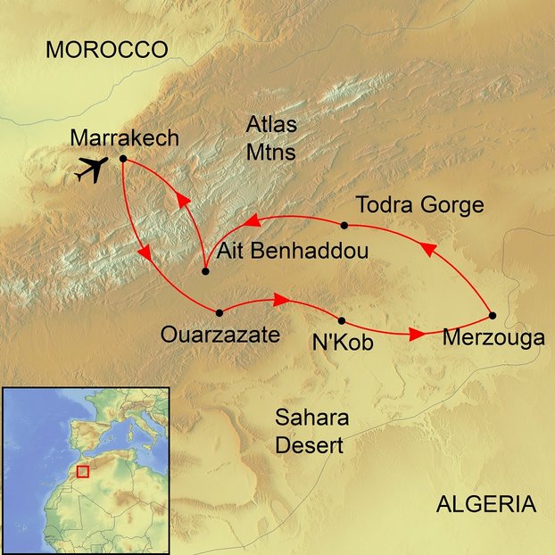 Map graphic of tour Morocco Desert & Mountain showing itinerary