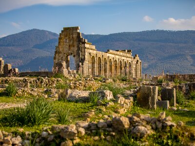 Ancient ruins of an ancient roman city in Volubilis, Morocco, North Africa
