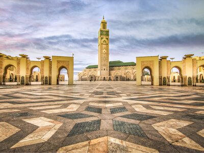 Square in front of the famous Hassan II Mosque with intricate floor pattern, Casablanca, Morocco, Africa